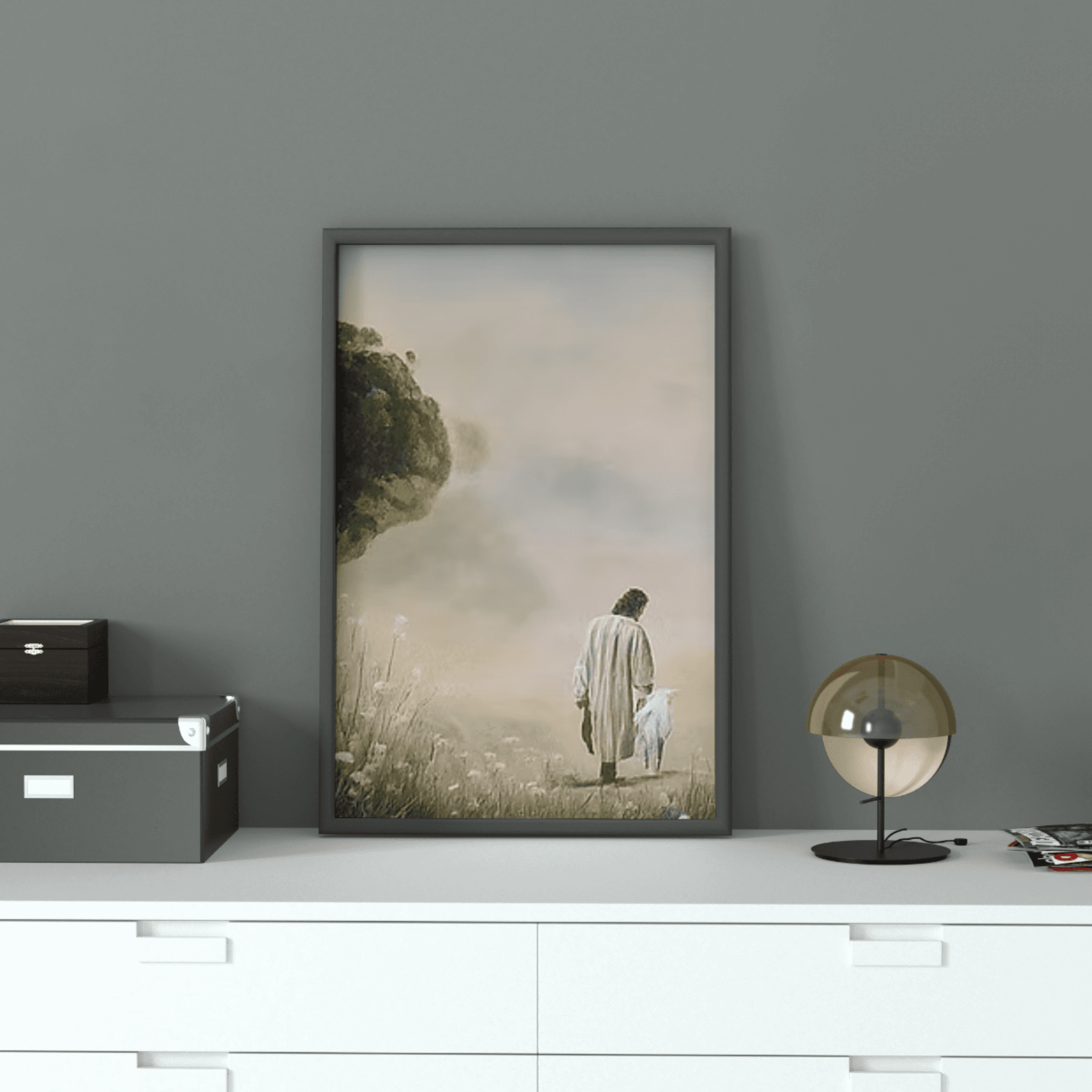 Jesus with Sheep - Framed Canvas Vertical