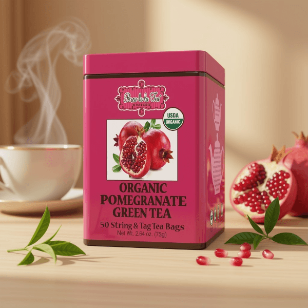 Brew La La Organic Green Tea - Pomegranate Flavor - 50 Tea Bag Tin - Low Caffeine - USDA Certified Organic